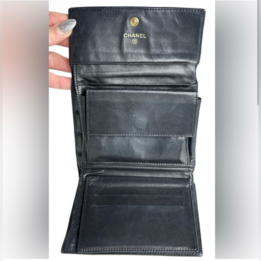 Chanel Leather Chocolate Bar Black Quilted Tri-Fold Wallet - GUC - Picture 7 of 11